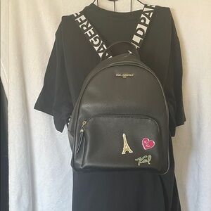 NWOT Karl Lagerfeld Black Pebbled Leather Backpack w/ Gold Accents & Paris Pins